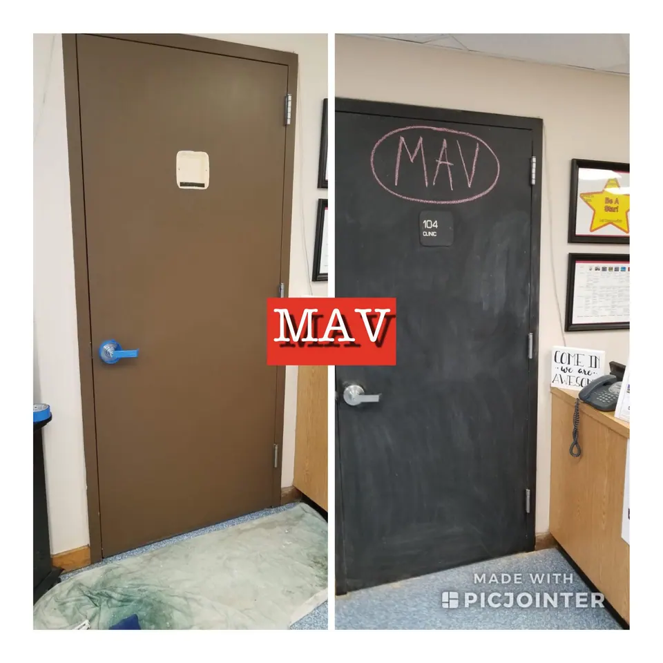 Interior doors repainted dark grey, before and after